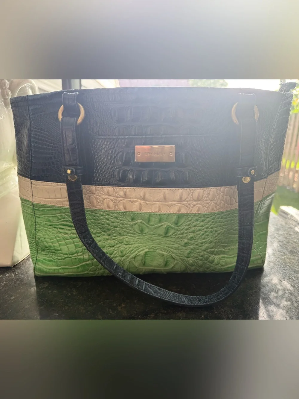 Brahmin Croc Embossed Leather Tri-Color Medium Sized Tote Bag